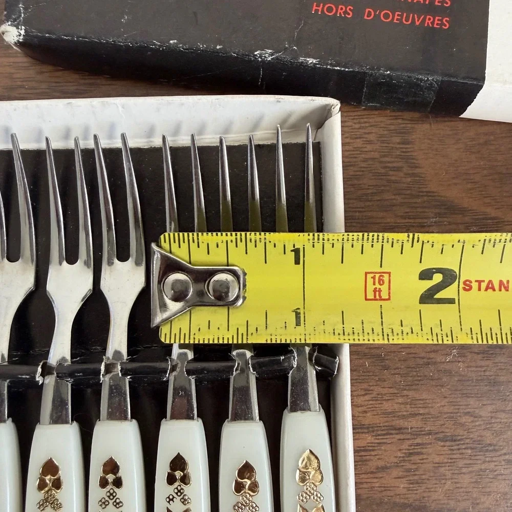 Vintage MCM Stainless Steel Mini Appetizer Forks Gold Filigree White Handles 12